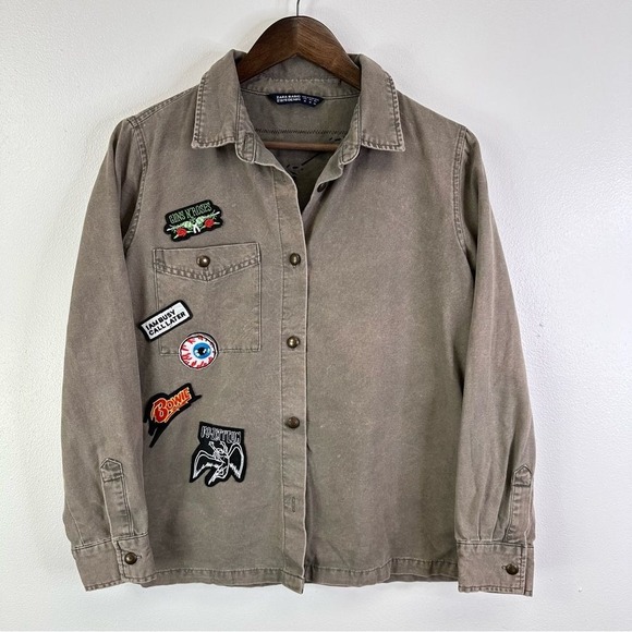 Zara Tops - Zara Basics Customized Band Patches Button Up Grey Green Size M